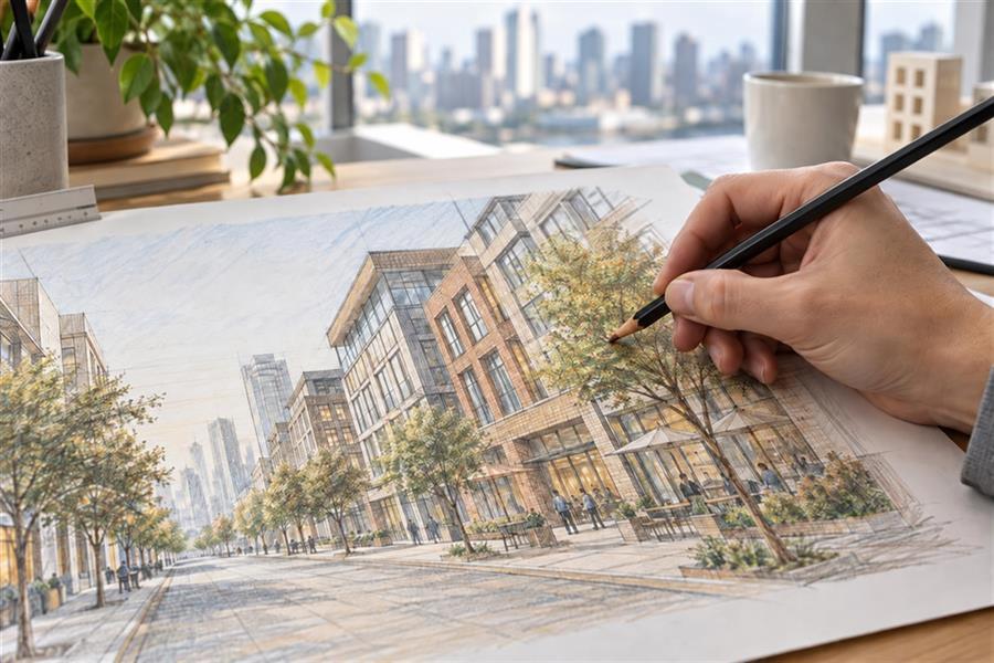 Architectural illustrator developing a colored-pencil streetscape
