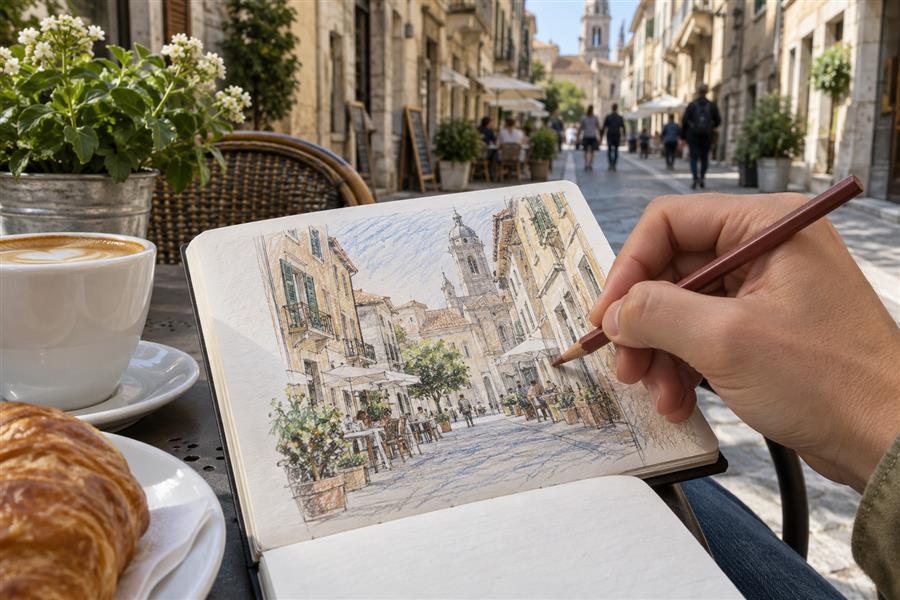 Traveler creating a dry colored-pencil street sketch at an outdoor cafe