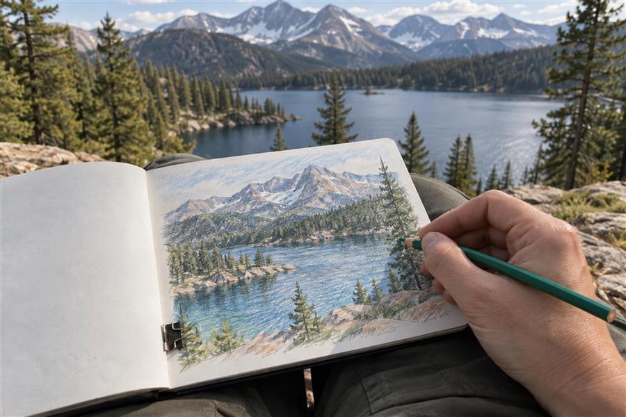 Artist drawing a mountain landscape with dry colored pencil outdoors