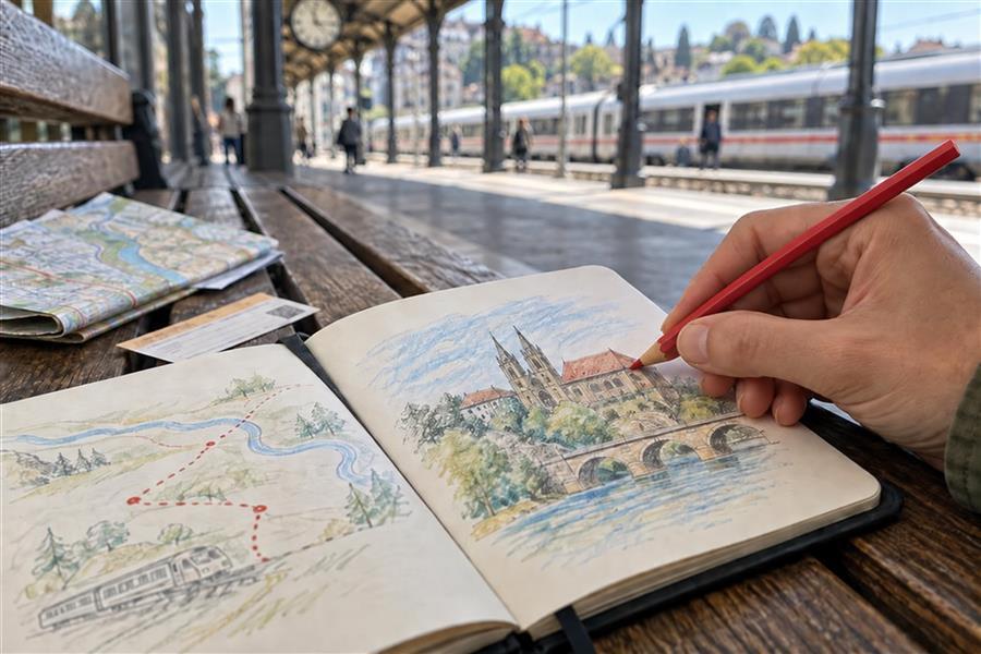 Traveler adding a dry colored-pencil illustration to a compact journal