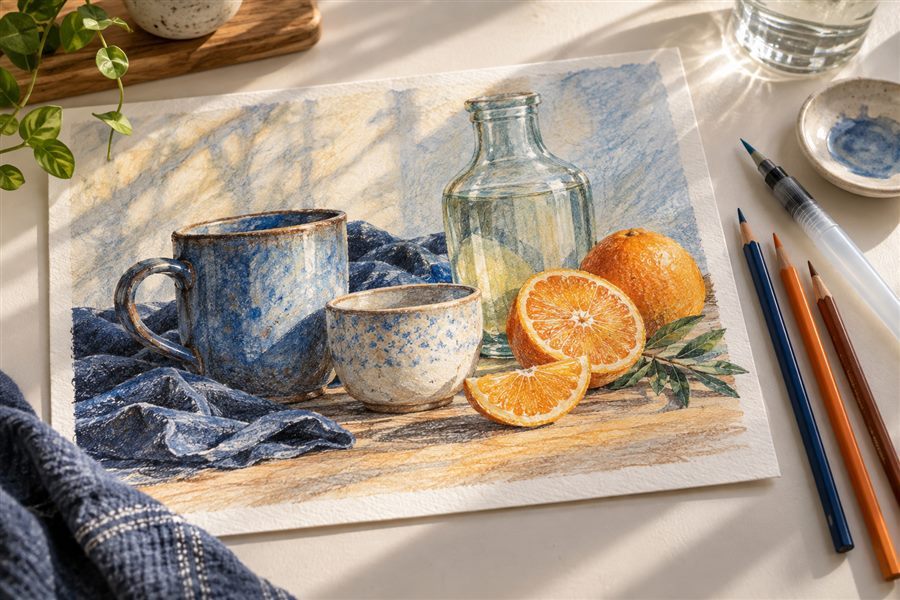 Finished ceramic and citrus still life made with water-soluble colored pencils