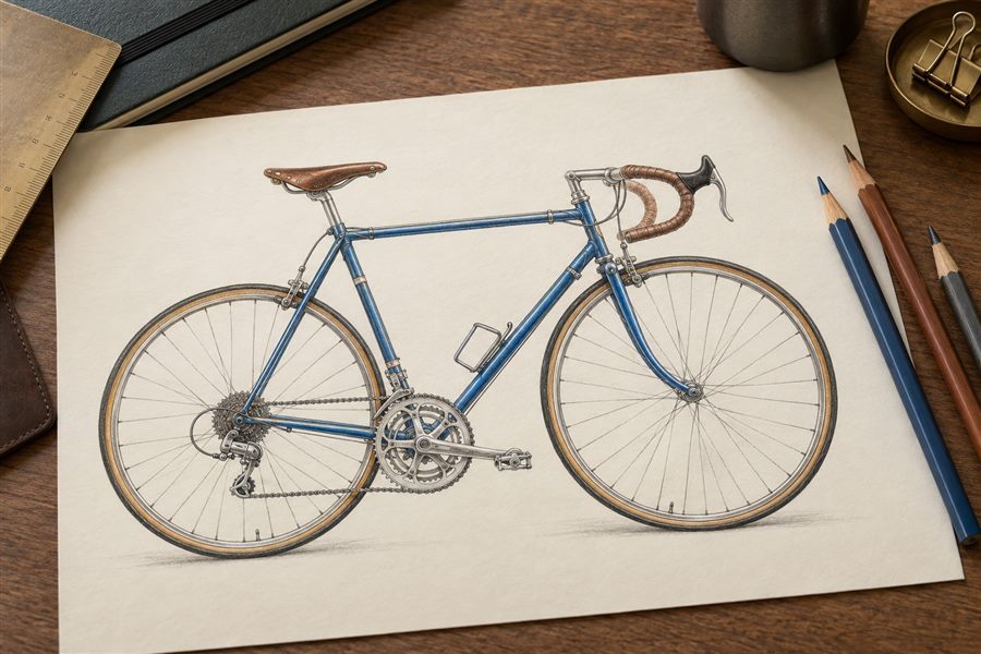 Finished technical bicycle illustration made with dry oil-based colored pencils