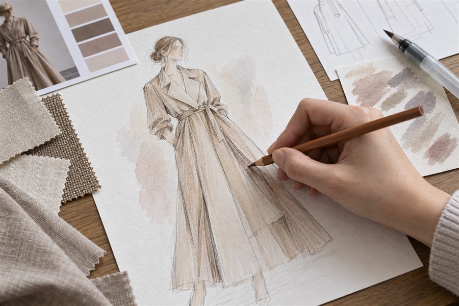 Fashion designer adding dry colored-pencil detail over a water-soluble pencil wash