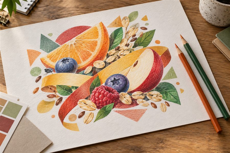 Finished food packaging illustration rendered with dry oil-based colored pencils