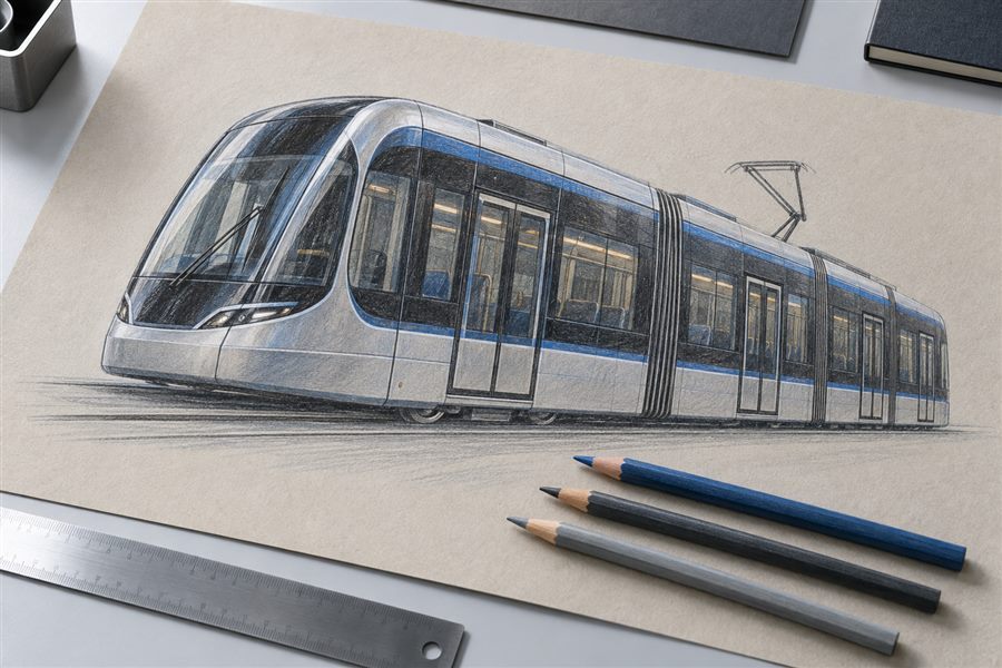 Electric tram industrial design concept rendered with oil-based colored pencils