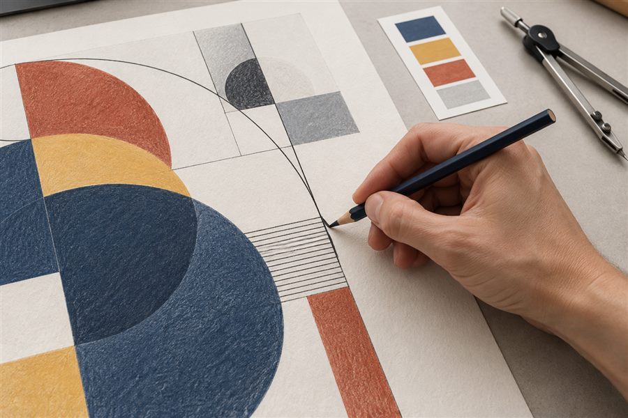 Designer creating a geometric poster with a dry oil-based colored pencil