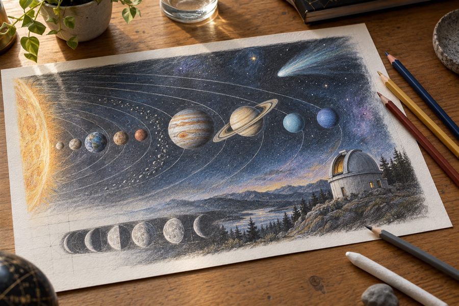 Educational space-science illustration created with mixed drawing pencils