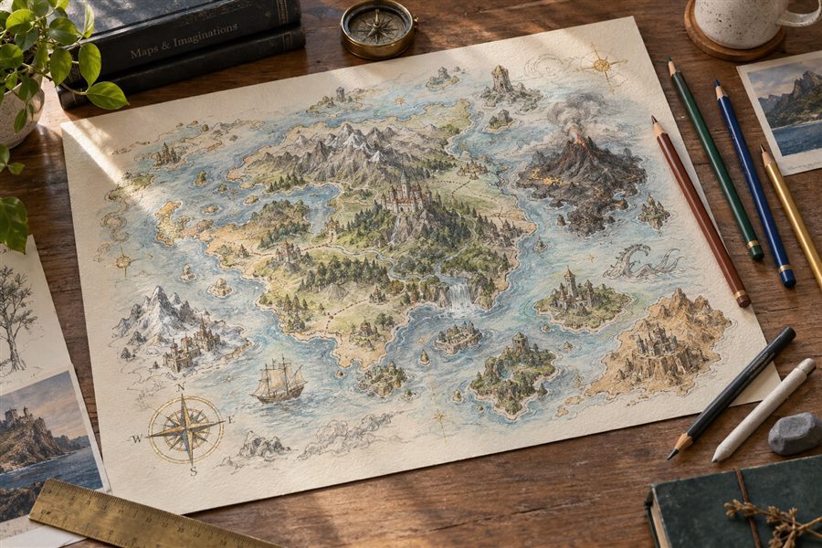 Fantasy map created with colored pencils graphite charcoal and pastel media