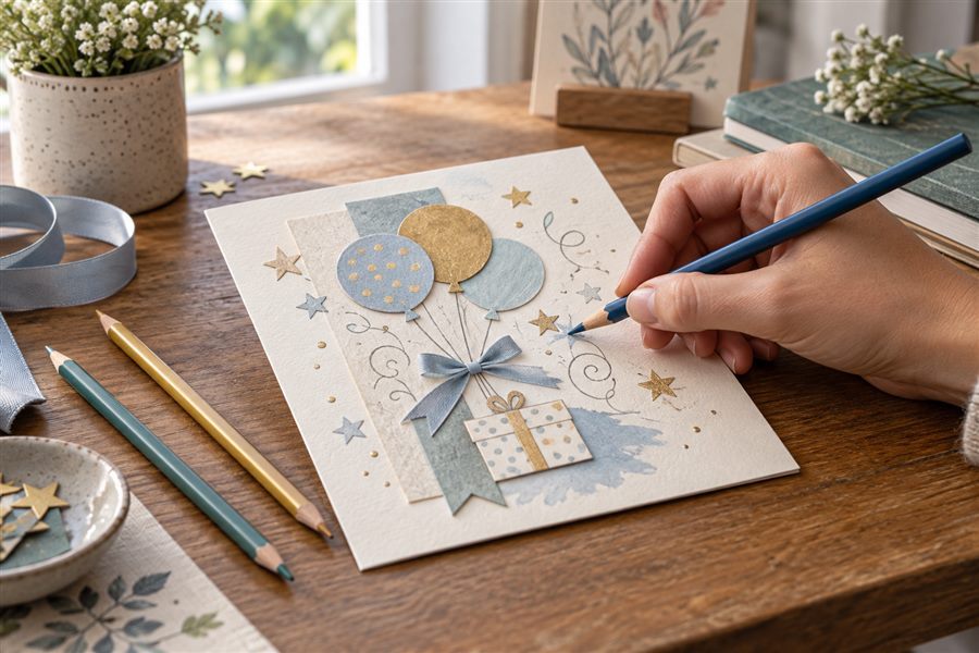 Creative greeting card being detailed with an artist colored pencil