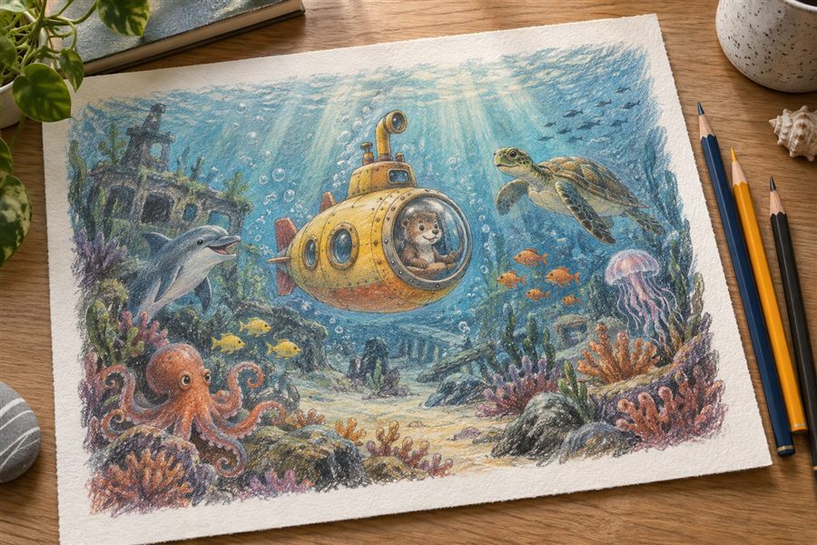 Underwater children's storybook illustration made with dry oil-based colored pencils
