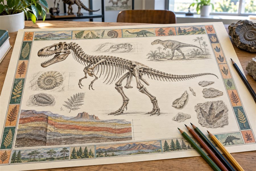 Educational dinosaur museum poster drawn with colored pencils graphite and charcoal
