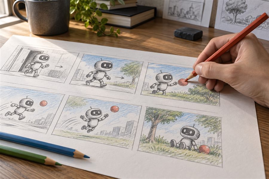 Animation storyboard being developed with oil-based colored pencils and graphite