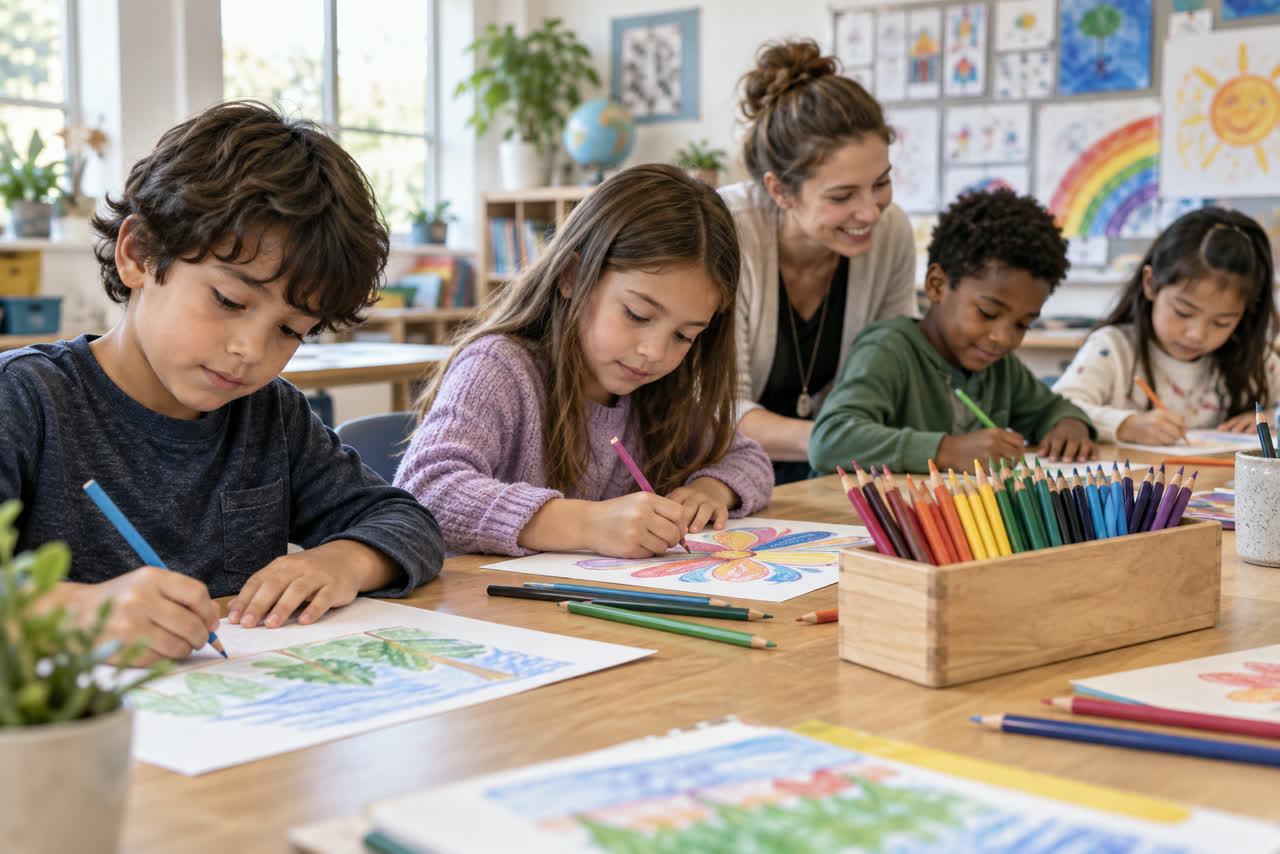 Children using colored pencils in an art classroom