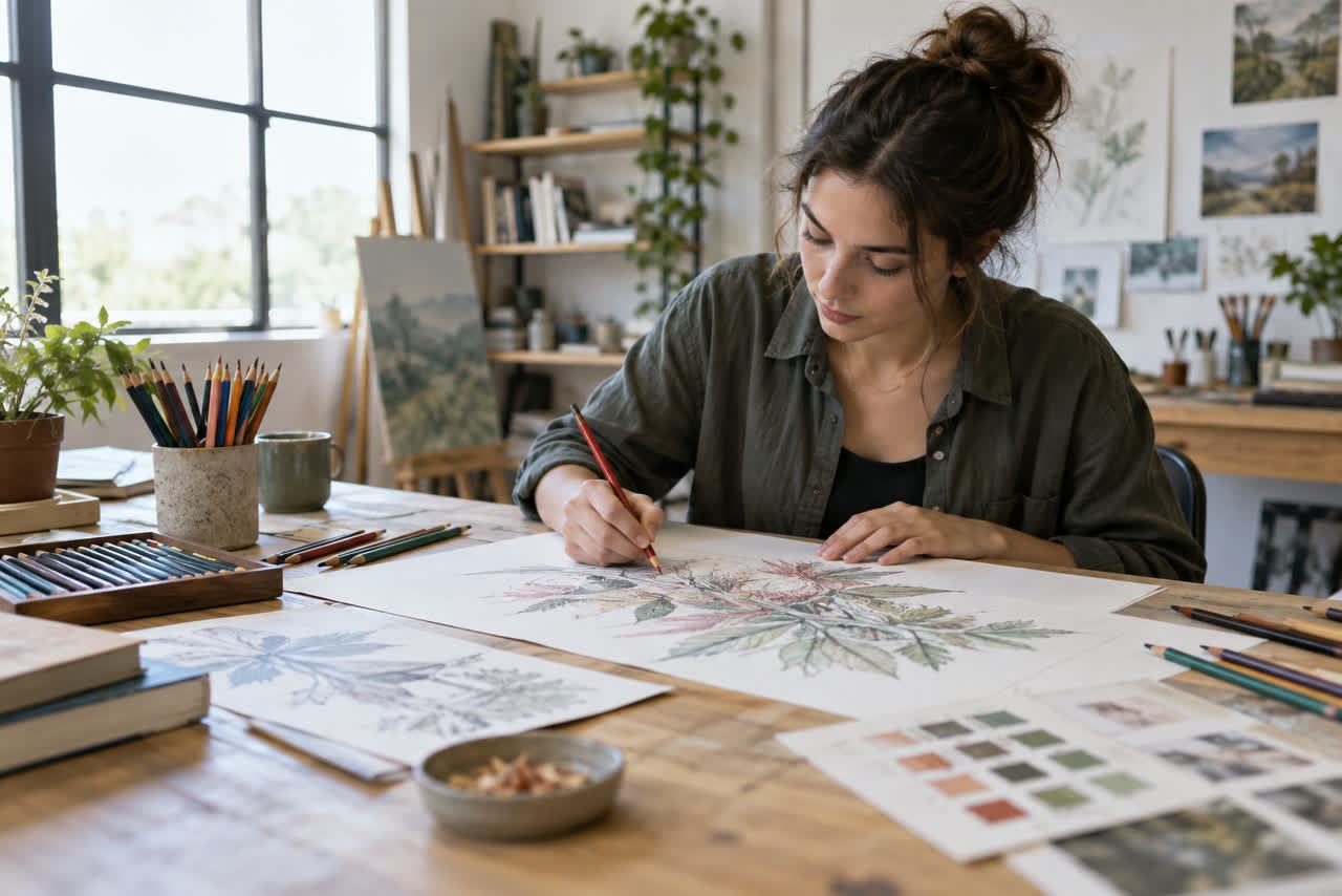 Artist developing an illustration with colored pencils in a studio