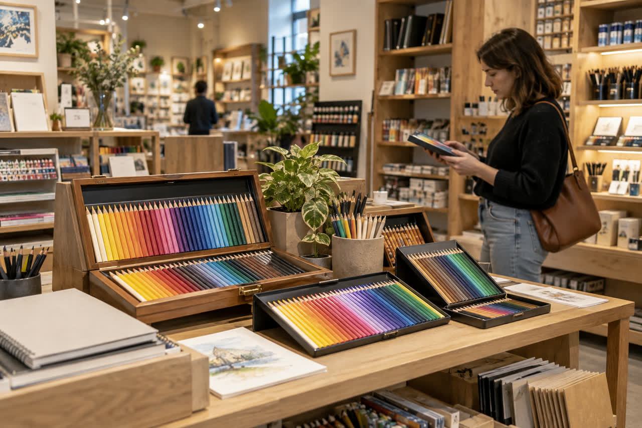 Colored pencil assortments displayed in an art-supply retail store