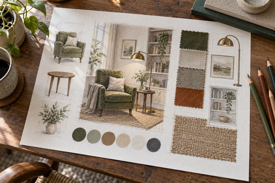 Interior design color concept rendered with mixed drawing pencils