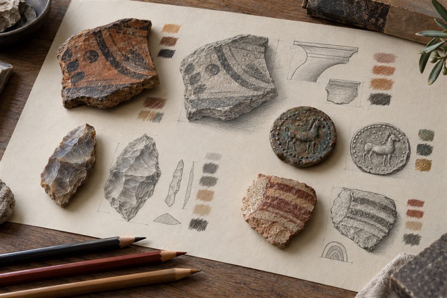 Archaeological artifact study rendered with graphite charcoal and colored pencils