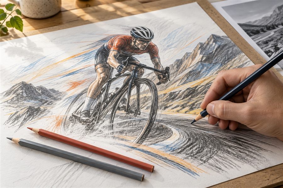 Sports illustration developed with mixed drawing pencils