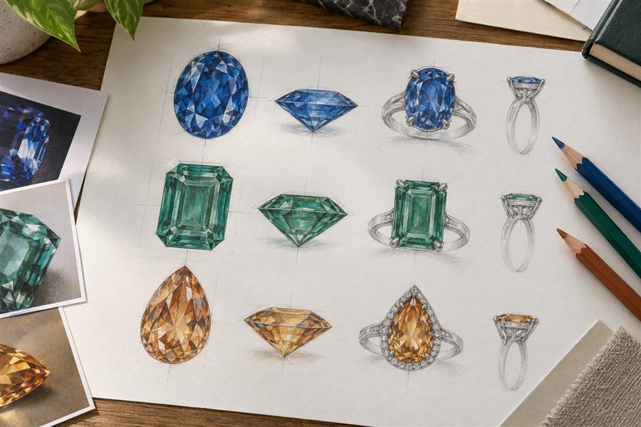 Gemstone concept designs created with layered dry oil colored pencil marks