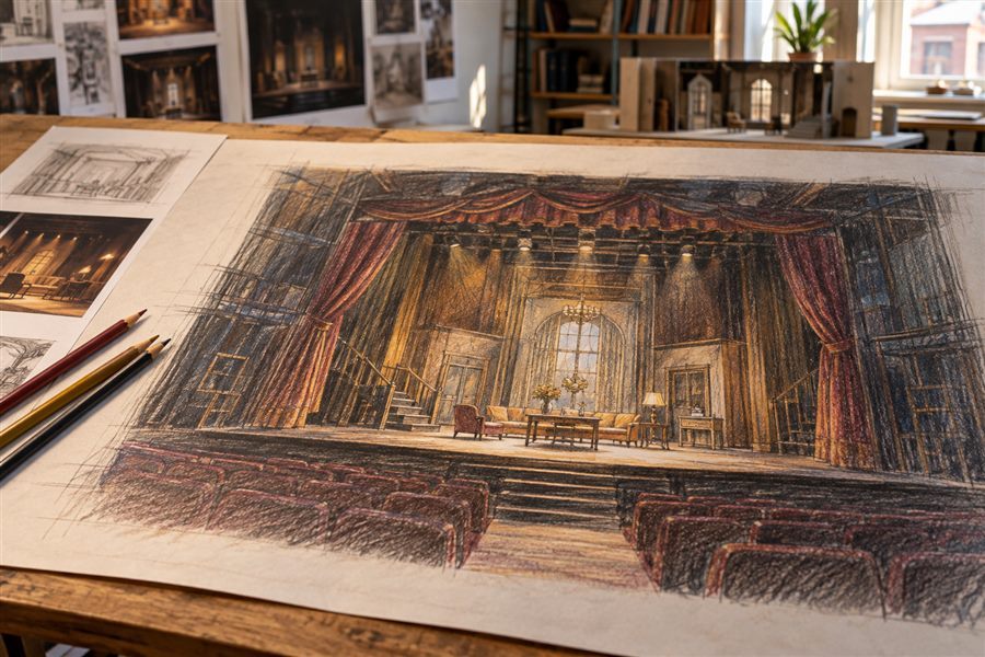 Theatre stage concept rendered with dry oil colored pencils