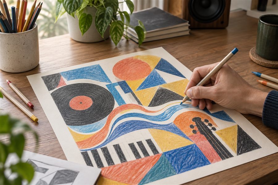 Abstract music artwork made with dry oil colored pencil layers