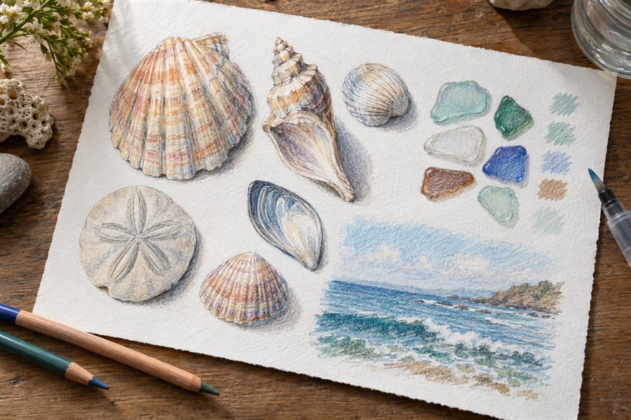 Coastal shell studies made with water-soluble colored pencils
