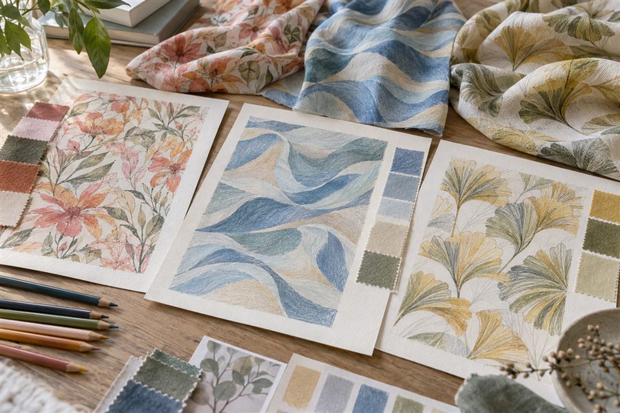 Textile pattern concepts made with water-soluble colored pencils