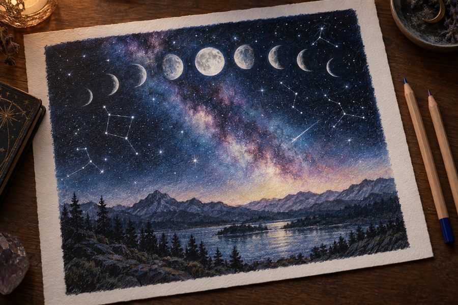 Celestial artwork created with water-soluble colored pencils