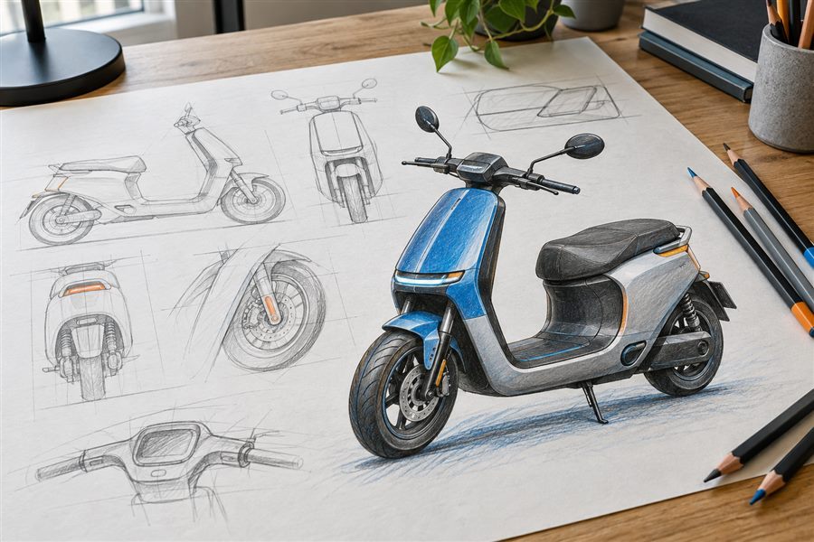 Industrial scooter concept rendered with oil colored pencils