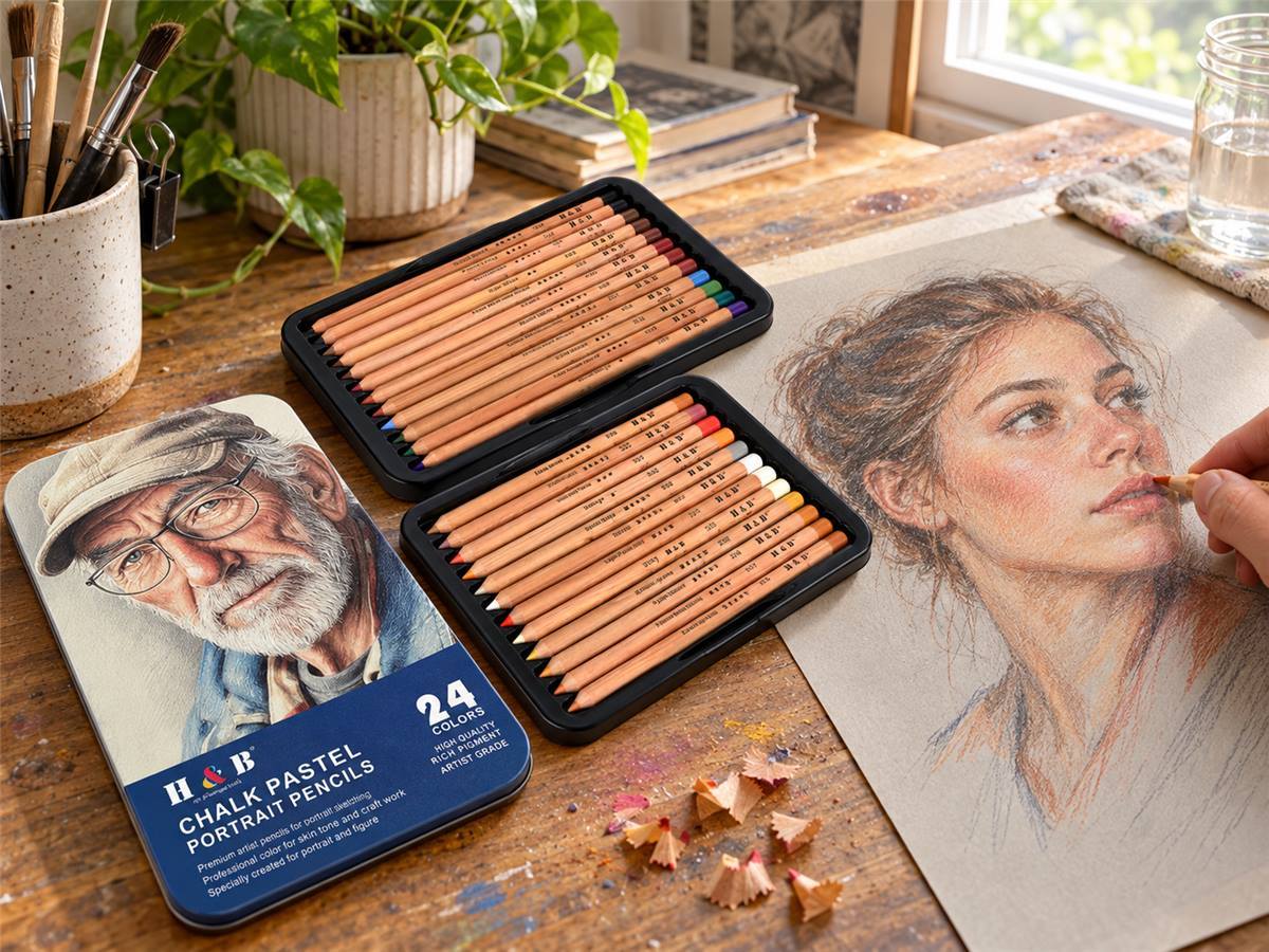Pastel colored pencils used for portrait drawing