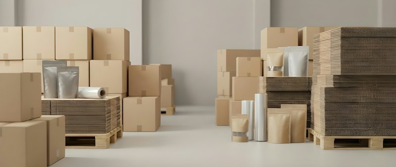 Warehouse packing area with stacked cartons and packing materials