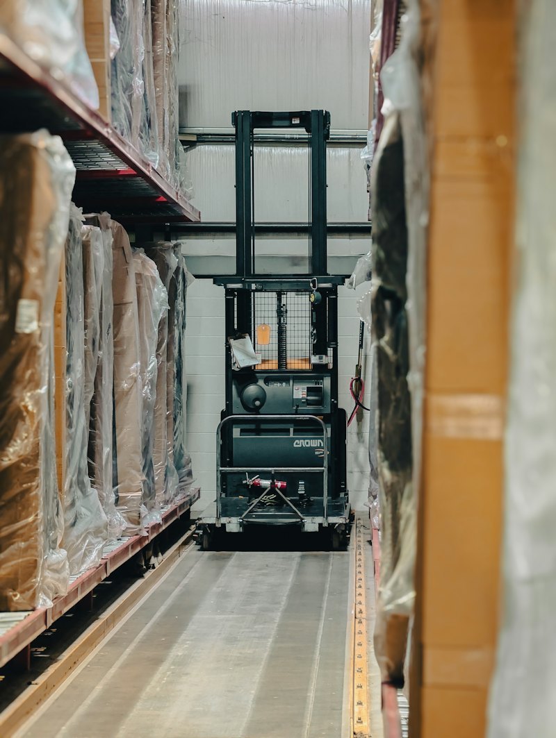 Forklift moving palletised goods in a warehouse aisle