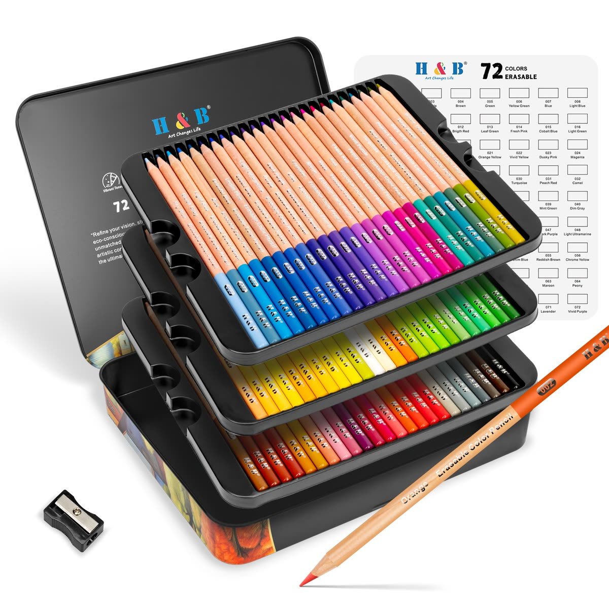 Exploded view of the four-tier tin with color chart card