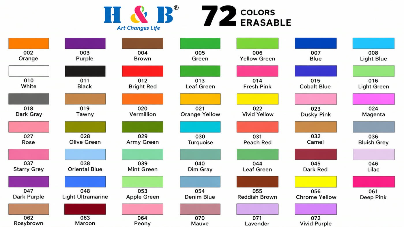 H&B 72-color erasable colored pencil set arranged in a tin with a color chart