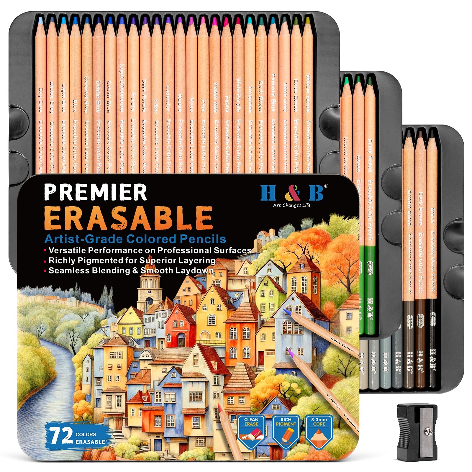 H&B 72-color erasable colored pencil set in a four-tier tin case