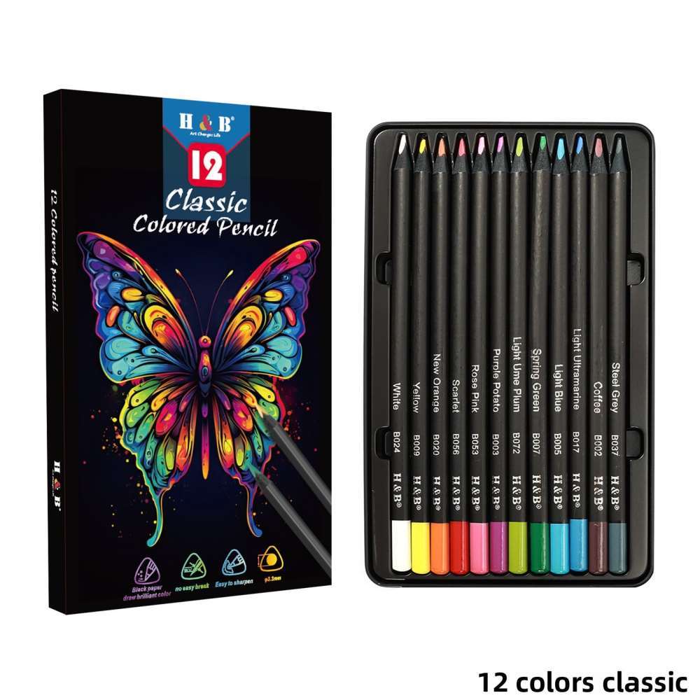 H&B 12-color black wood colored pencils and retail package