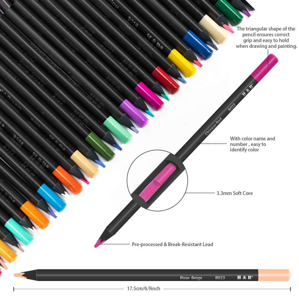 Colored pencil product feature sheet showing triangular barrel and 3.3 mm core