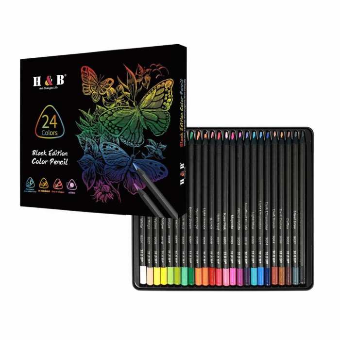 H&B Black Wood Triangular Oil-Based Colored Pencils – 24/72/120 Colors