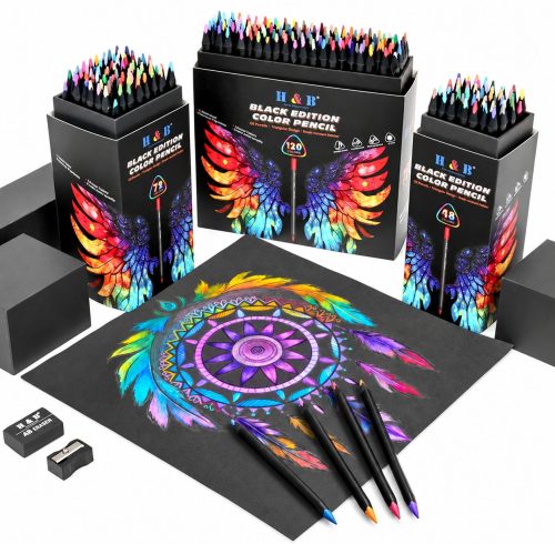 H&B Black Wood Colored Pencil Set with Storage Case & Accessories (48/72/120 Colors)
