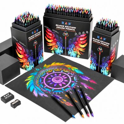H&B Black Wood Colored Pencil Set with Storage Case & Accessories (48/72/120 Colors)