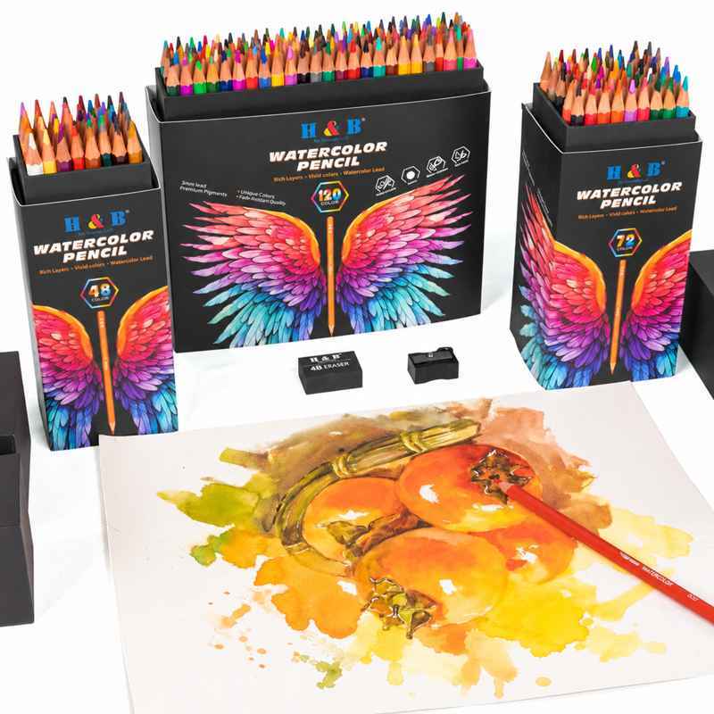 H&B water-soluble colored pencil sets in 48, 72 and 120 colors with square storage packaging and watercolor drawing