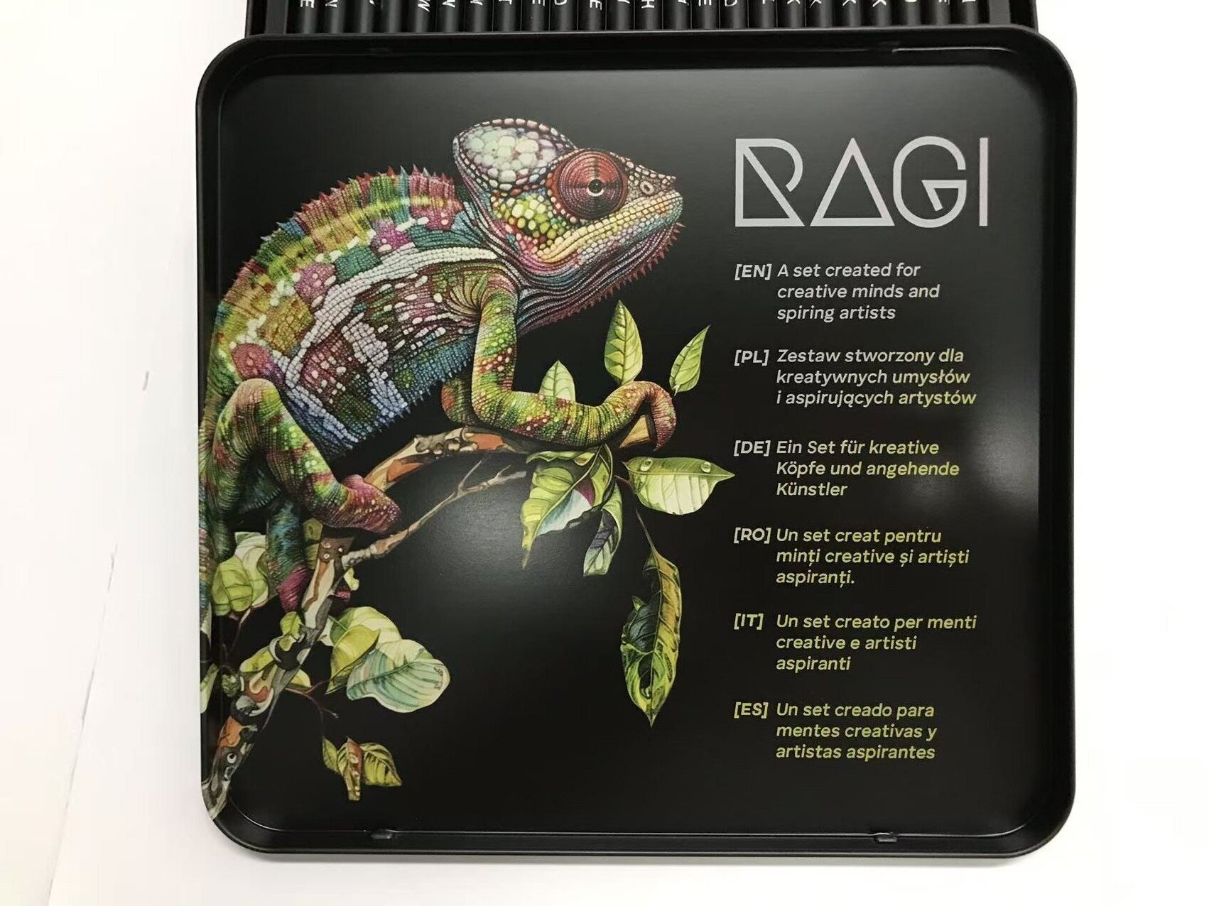 RAGI branded tin lid with detailed chameleon illustration