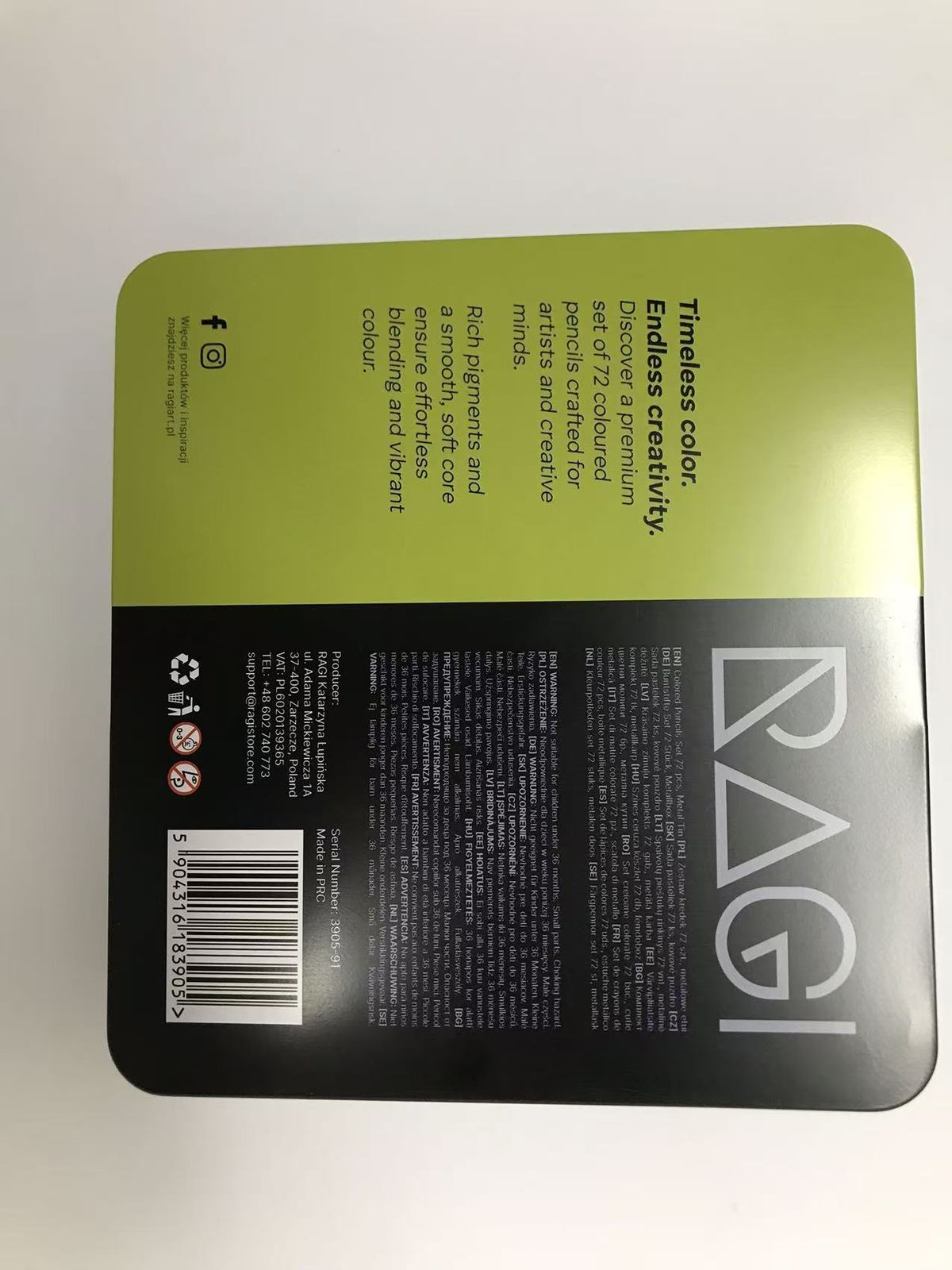 RAGI tin back panel with regulatory text in six languages