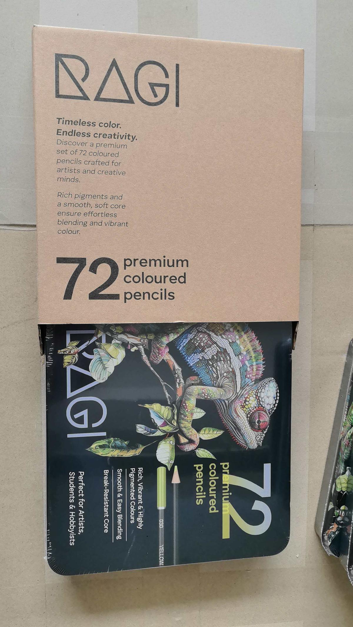 RAGI branded kraft shipping carton with 72-colour pencil tin