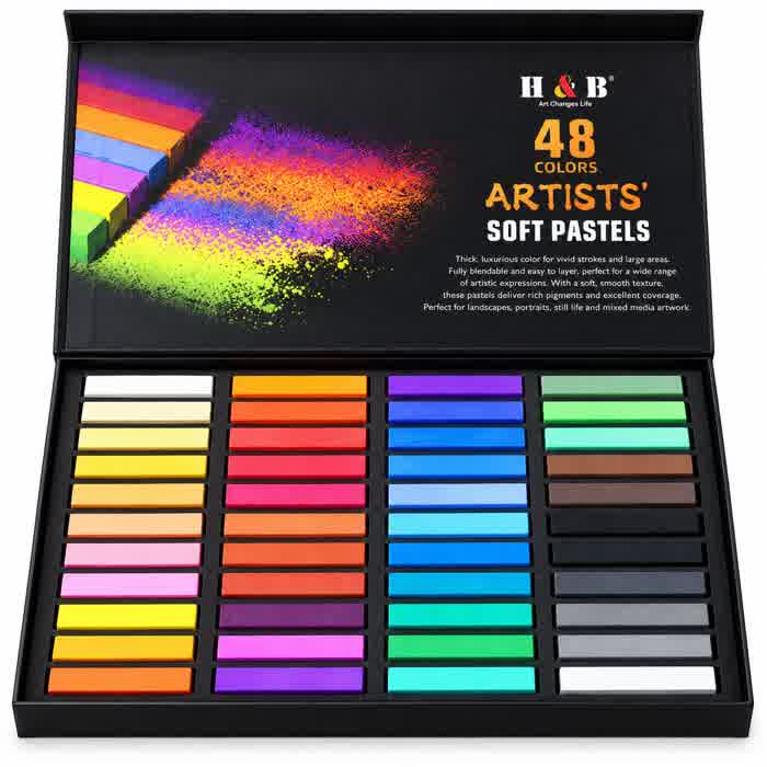 48 dry soft pastel sticks arranged in individual foam slots