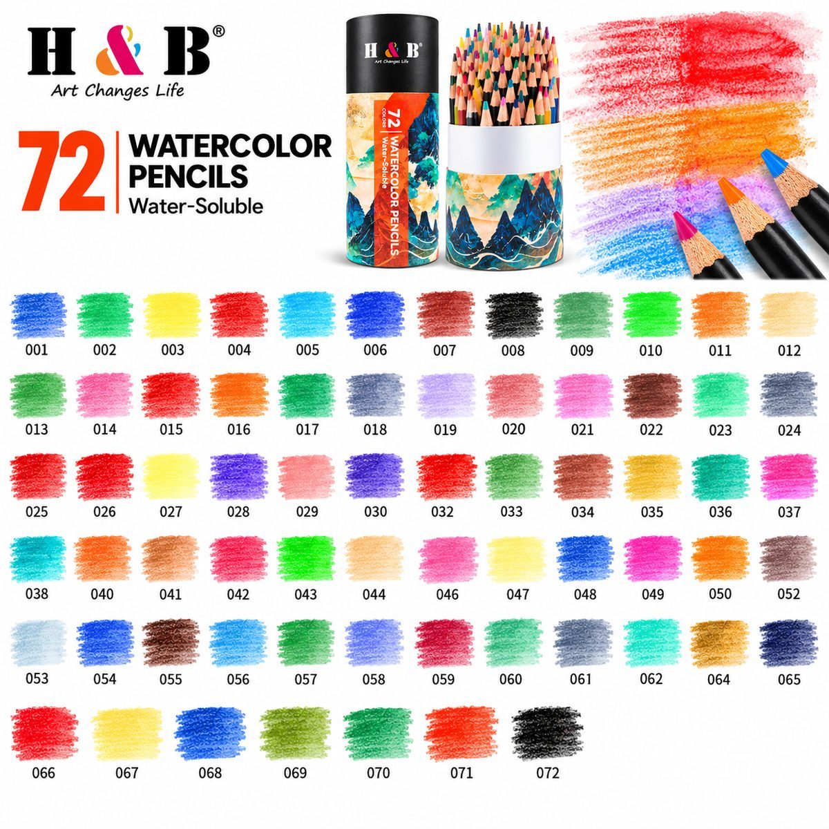 H&B Art 72-color water-soluble colored pencil set in black paper tube