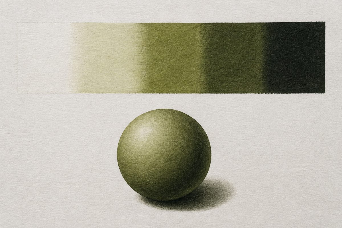 Oil pastel value scale: five-step gradient bar and sphere study