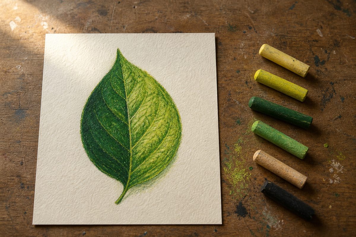 Finished oil pastel leaf study with the six pastel sticks used
