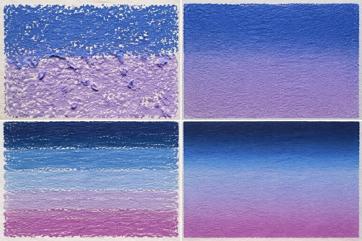 Oil pastel technique comparison: waxy buildup versus smooth layering, streaky versus blended gradient