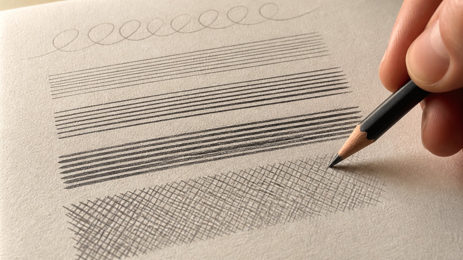 Pencil control practice sheet: warm-up loops, parallel graphite strokes and cross-hatching on drawing paper